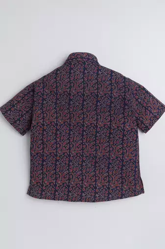Navy blue cotton half sleeves printed mandarin collar style short kurta