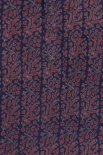 Navy blue cotton half sleeves printed mandarin collar style short kurta