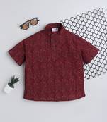 Maroon cotton half sleeves printed mandarin collar style short kurta
