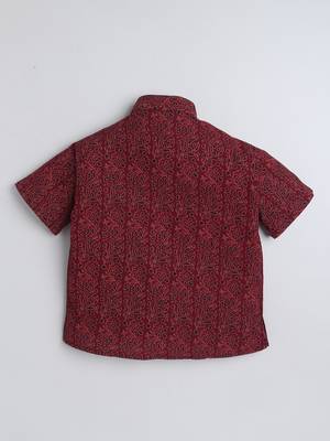 Maroon cotton half sleeves printed mandarin collar style short kurta 3