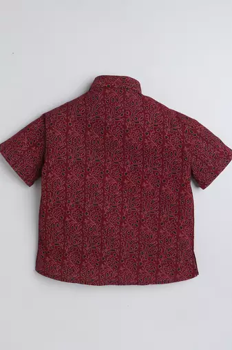 Maroon cotton half sleeves printed mandarin collar style short kurta