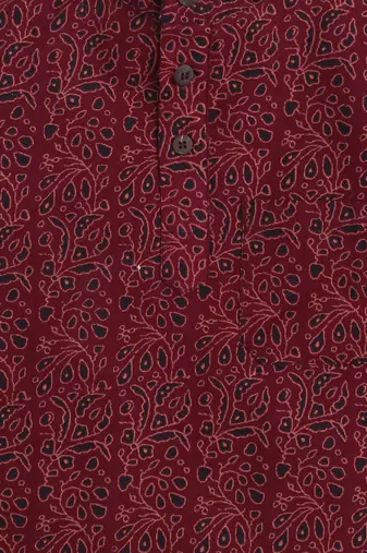 Maroon cotton half sleeves printed mandarin collar style short kurta