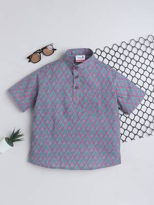 Purple cotton half sleeves printed mandarin collar style short kurta 1
