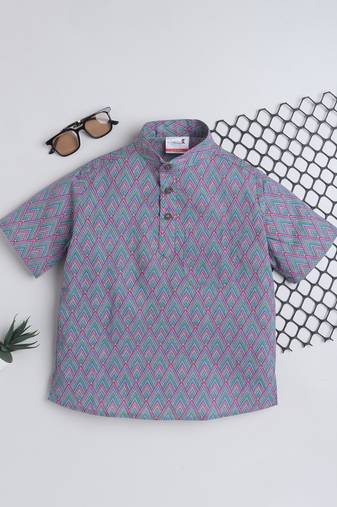 Purple cotton half sleeves printed mandarin collar style short kurta