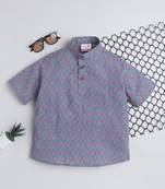 Purple cotton half sleeves printed mandarin collar style short kurta