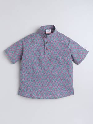 Purple cotton half sleeves printed mandarin collar style short kurta 2