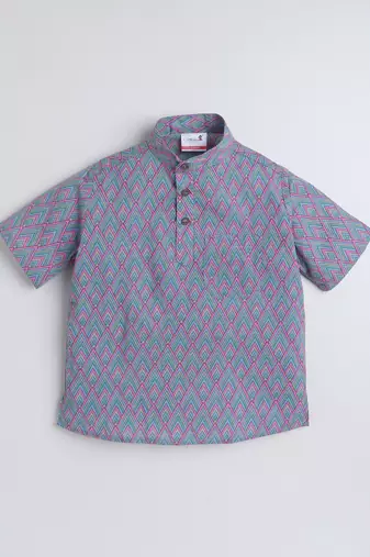 Purple cotton half sleeves printed mandarin collar style short kurta
