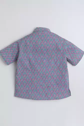 Purple cotton half sleeves printed mandarin collar style short kurta
