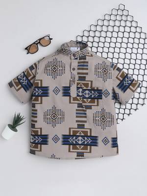 Brown cotton half sleeves abstract printed mandarin collar style short kurta 1