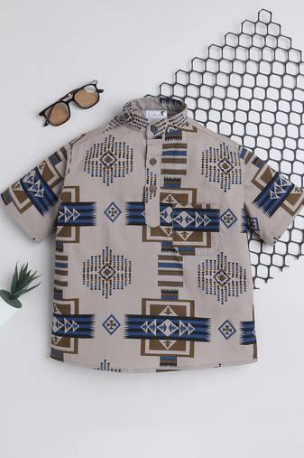 Brown cotton half sleeves abstract printed mandarin collar style short kurta
