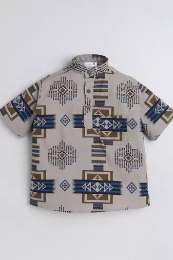 Brown cotton half sleeves abstract printed mandarin collar style short kurta