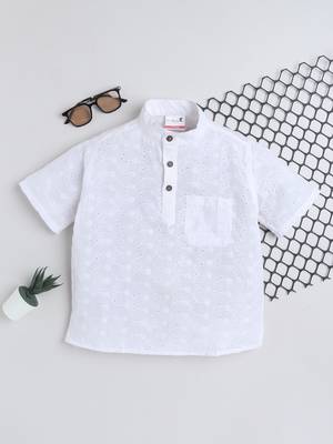 White cotton half sleeves hakoba work mandarin collar style short kurta 1