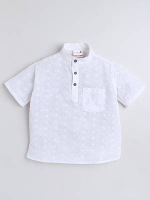 White cotton half sleeves hakoba work mandarin collar style short kurta 2