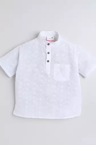 White cotton half sleeves hakoba work mandarin collar style short kurta