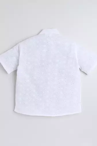 White cotton half sleeves hakoba work mandarin collar style short kurta