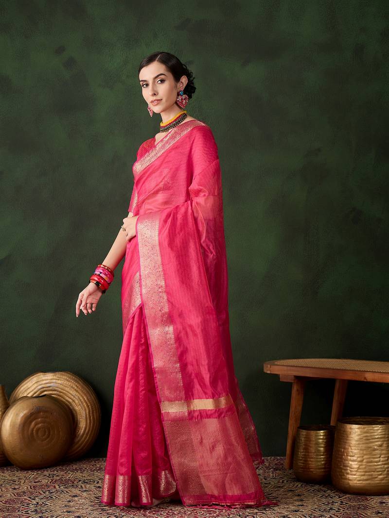pink Khadi Organza Jacquard Saree 