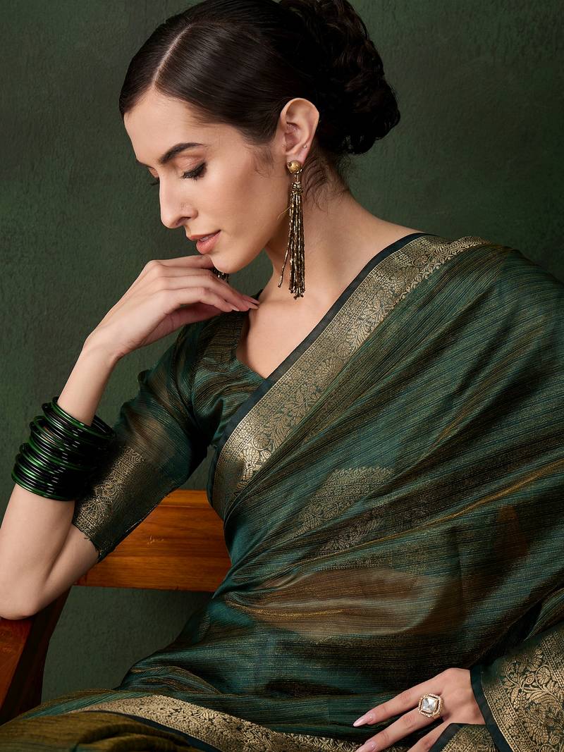 green Khadi Organza Jacquard Saree 