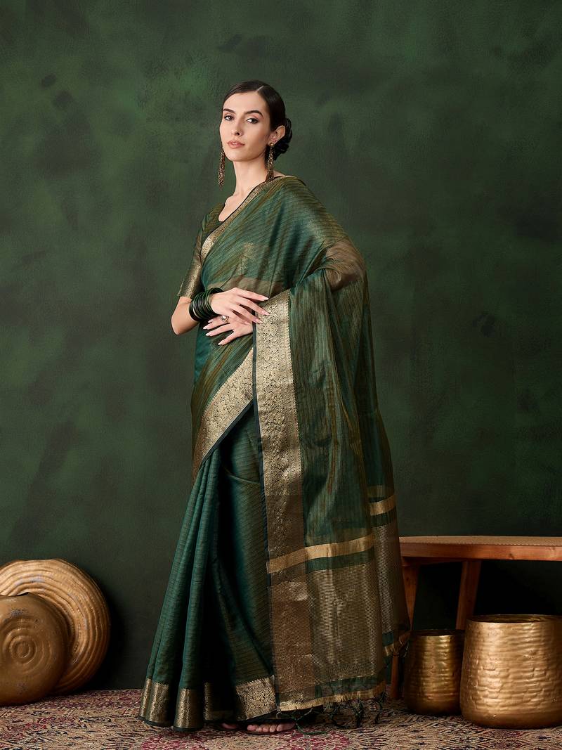 green Khadi Organza Jacquard Saree 