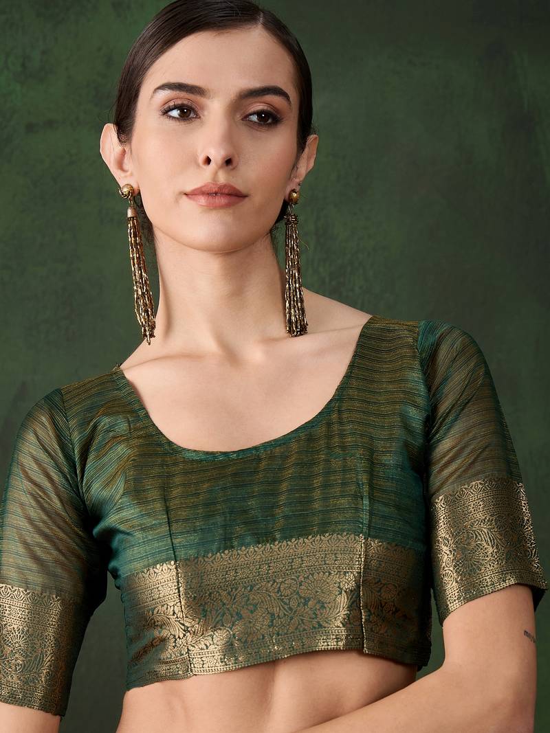 green Khadi Organza Jacquard Saree 
