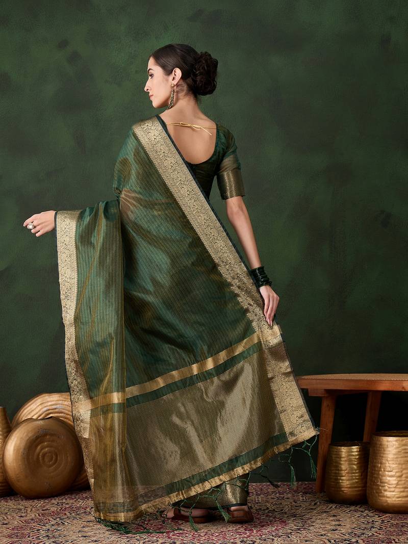 green Khadi Organza Jacquard Saree 