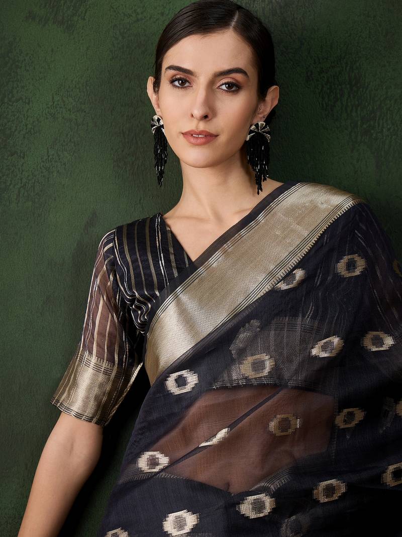 navy blue Khadi Organza Jacquard Saree 