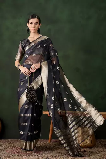 navy blue Khadi Organza Jacquard Saree 