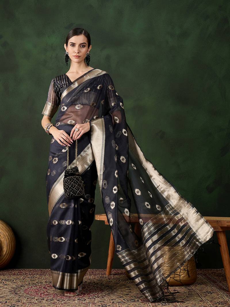 navy blue Khadi Organza Jacquard Saree 