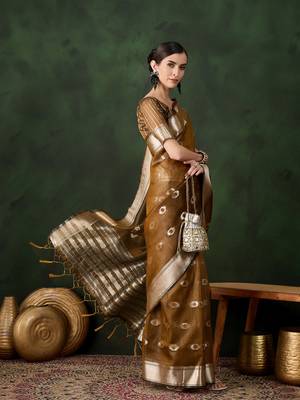 mustard Khadi Organza Jacquard Saree  4