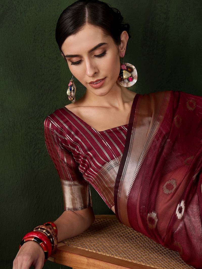 maroon Khadi Organza Jacquard Saree 