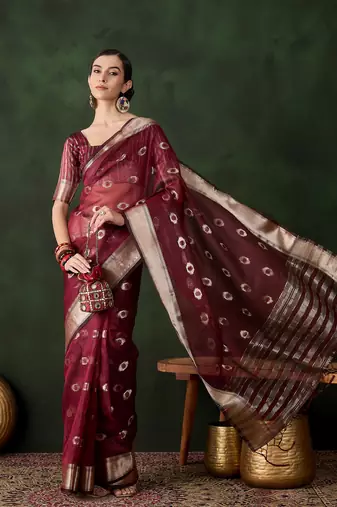maroon Khadi Organza Jacquard Saree 