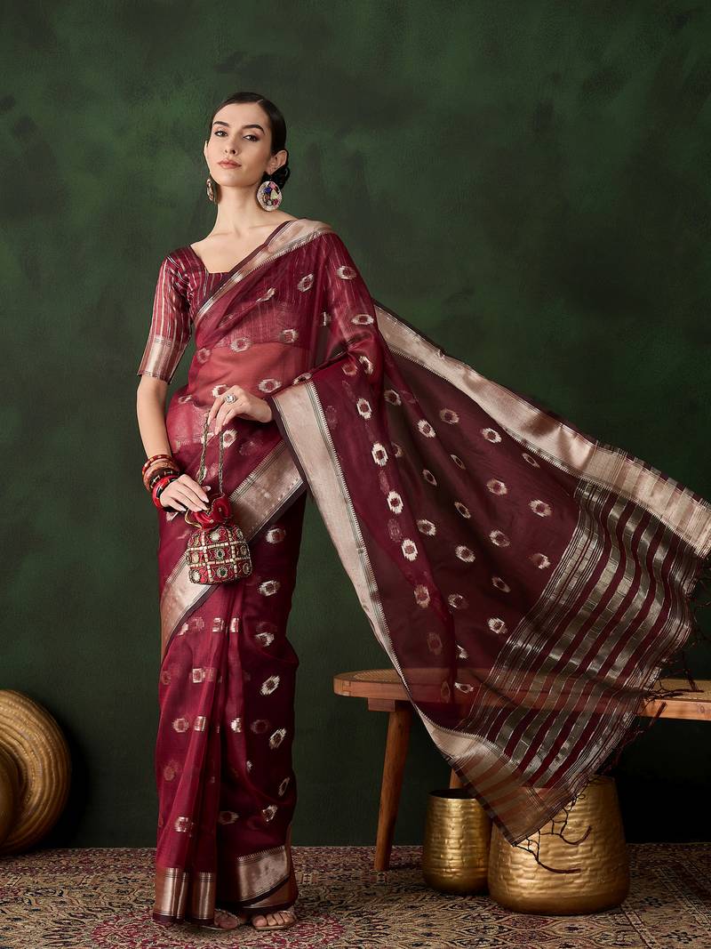 maroon Khadi Organza Jacquard Saree 