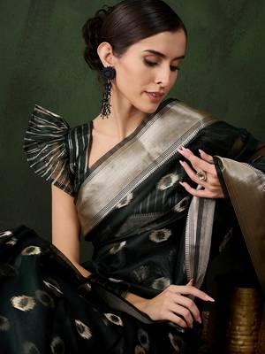 green Khadi Organza Jacquard Saree  2