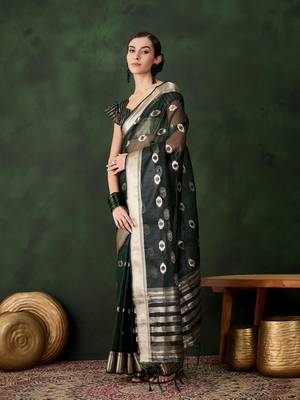 green Khadi Organza Jacquard Saree  3