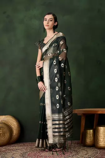 green Khadi Organza Jacquard Saree 