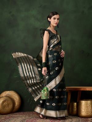 green Khadi Organza Jacquard Saree  4