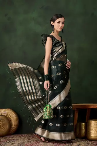 green Khadi Organza Jacquard Saree 