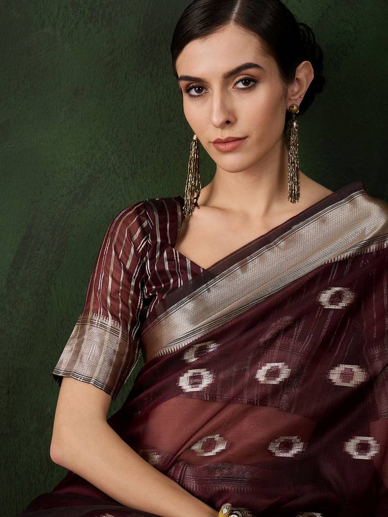 burgundy Khadi Organza Jacquard Saree 