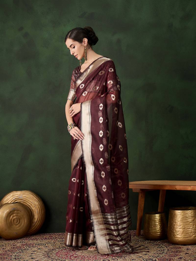 burgundy Khadi Organza Jacquard Saree 
