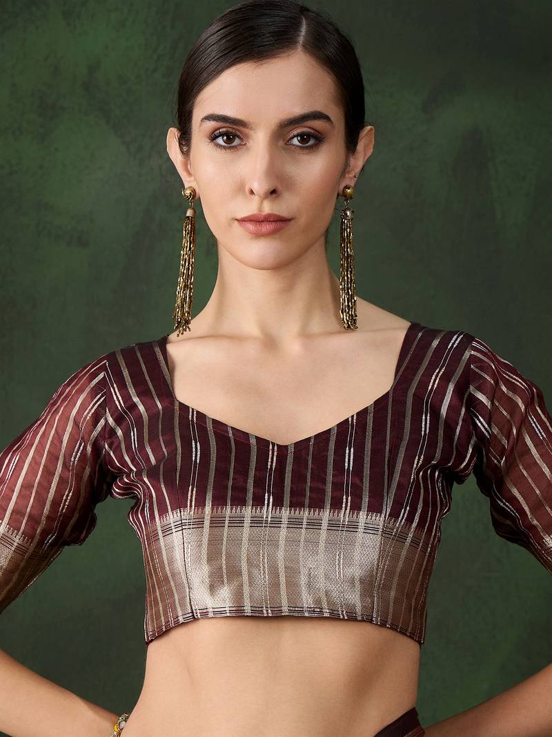 burgundy Khadi Organza Jacquard Saree 