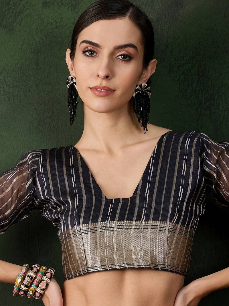 navy blue Khadi Organza Jacquard Saree 