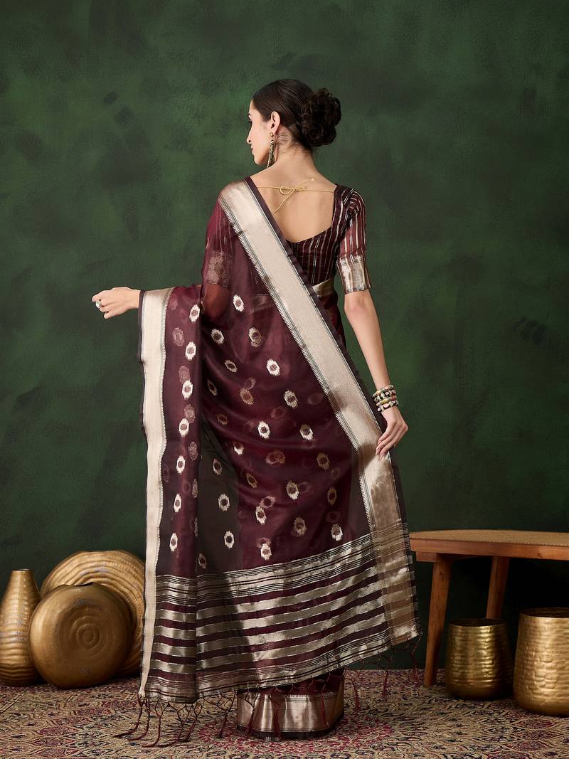 burgundy Khadi Organza Jacquard Saree 