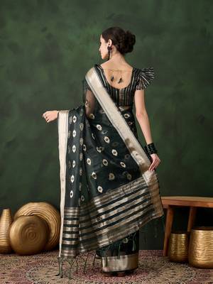 green Khadi Organza Jacquard Saree  6