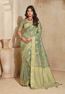 Sea green weaving silk blend saree 1