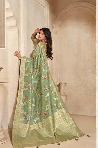 Sea green weaving silk blend saree