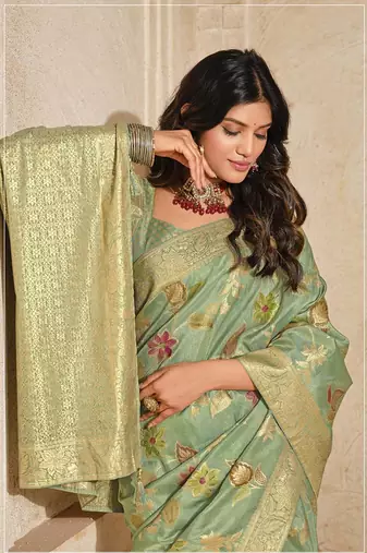 Sea green weaving silk blend saree