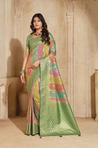 Turquoise weaving silk blend saree
