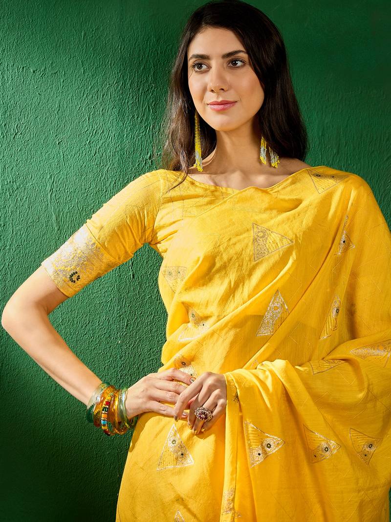 yellow Dola Jacquard Cotton saree with Woven Design