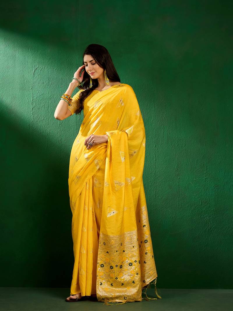 yellow Dola Jacquard Cotton saree with Woven Design