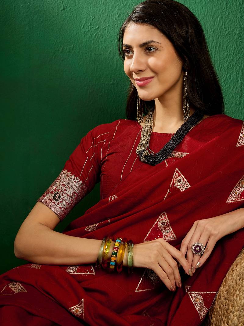 red Dola Jacquard Cotton saree with Woven Design