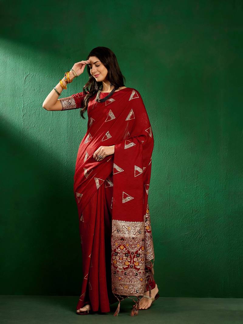 red Dola Jacquard Cotton saree with Woven Design